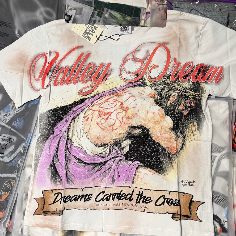 Valley Dream Graphic Tee with Red Script and Purple Drapery